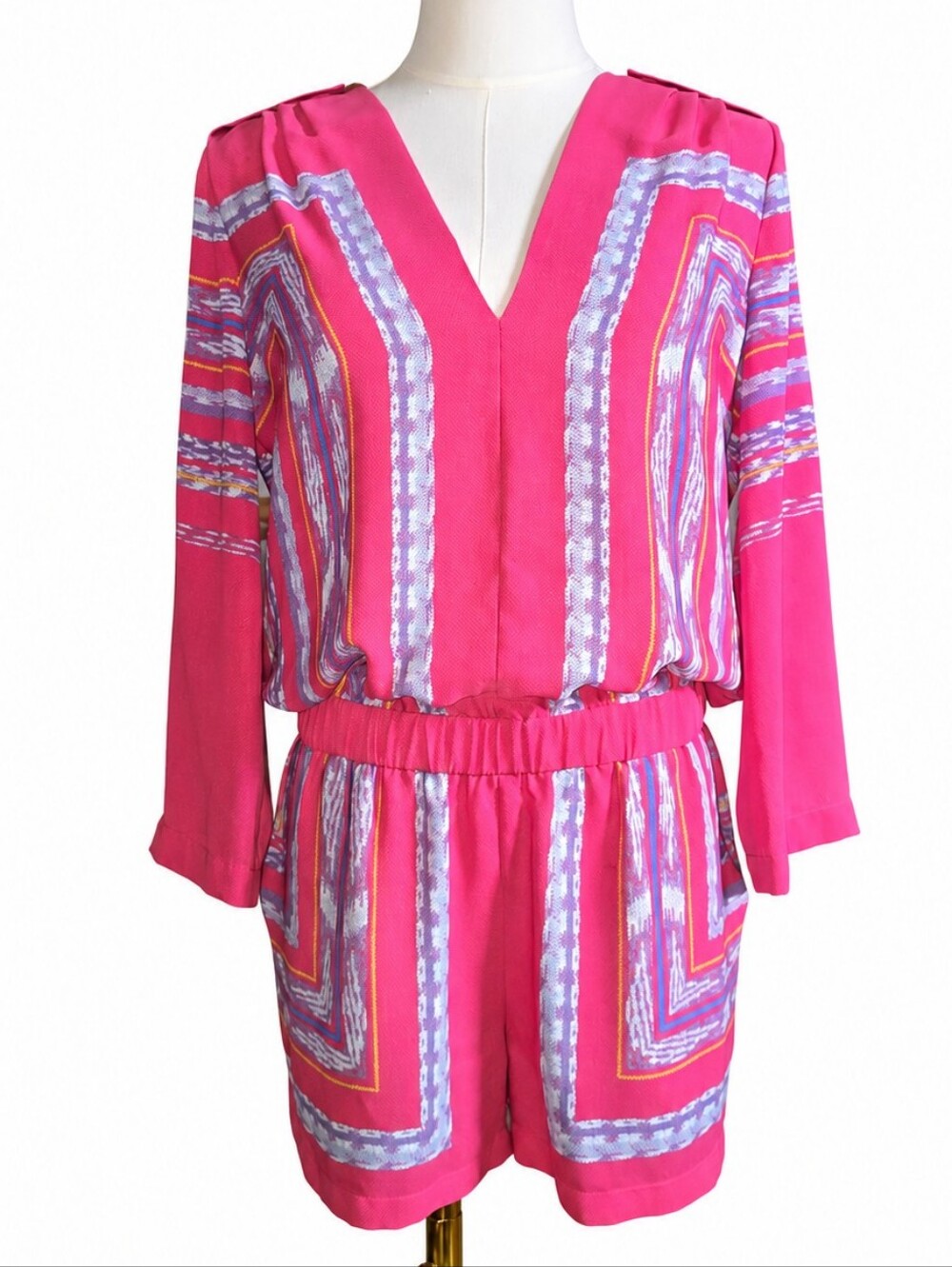 BCBGMAXAZRIA Pink Geometric Long Sleeve Romper - XS